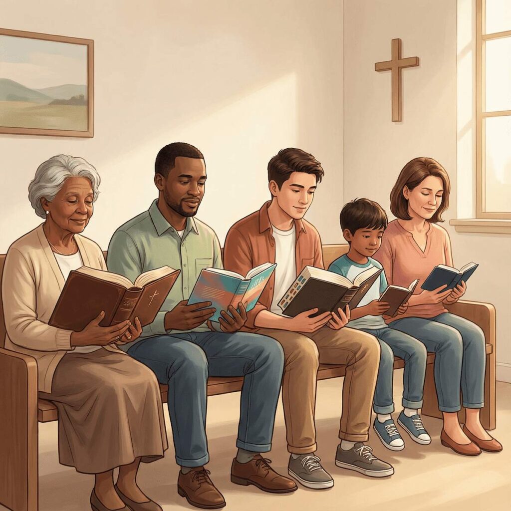 Grupo de creyentes de distintas edades leyendo diferentes Biblias, mostrando que no existe una única mejor versión para todos