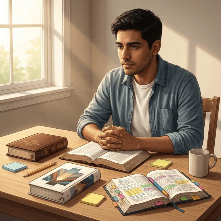 Joven cristiano latino sentado frente a varias Biblias abiertas, pensando cuál versión elegir para leer y entender mejor