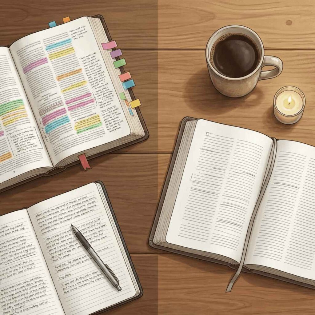 Mesa con una Biblia de estudio llena de notas y otra Biblia sencilla para devocionales, ilustrando estudio profundo frente a lectura diaria