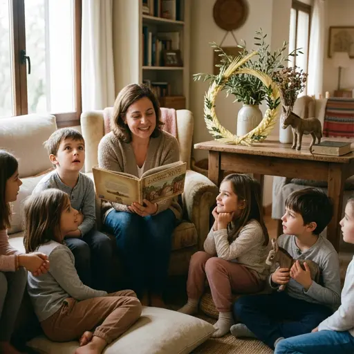 Niños y adultos disfrutan de una historia en un ambiente acogedor, símbolos de Semana Santa alrededor.