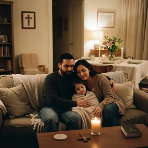Familia unida en el sofá, vela encendida y ambiente acogedor durante la víspera de Viernes Santo.