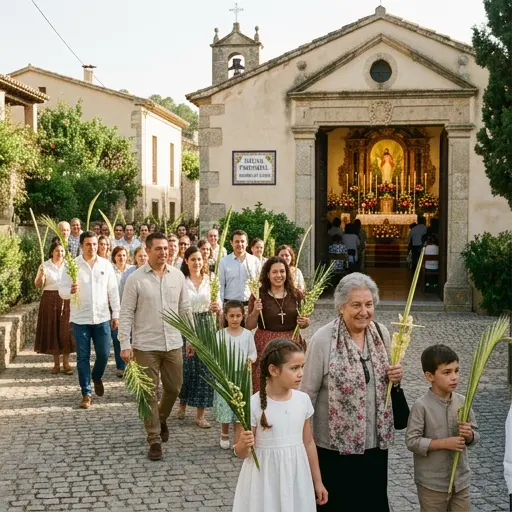 Grupo de personas con ramas de palma ingresando a una iglesia en el Domingo de Ramos.