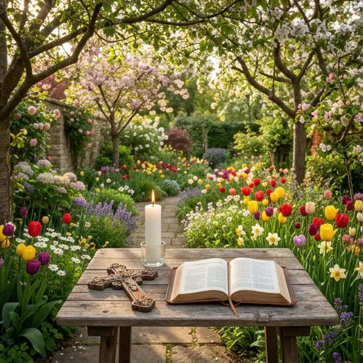 Rincón sereno al aire libre con mesa rústica, vela, libro y flores vibrantes.