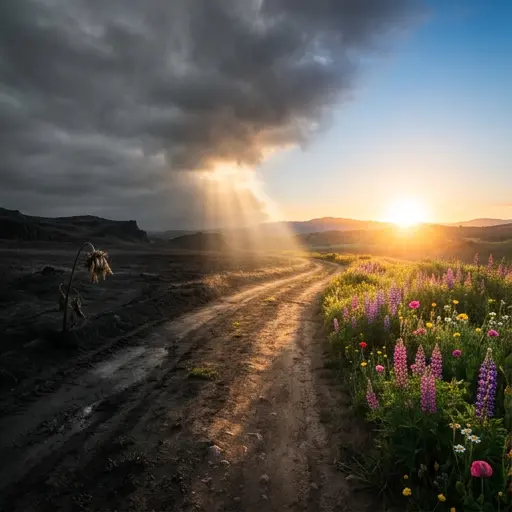 Paisaje al amanecer con dualidad: tristeza a la izquierda y renacimiento a la derecha.