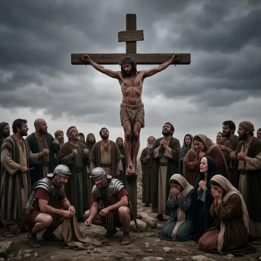 Jesús en la cruz rodeado de una multitud con emociones intensas y sombrías.