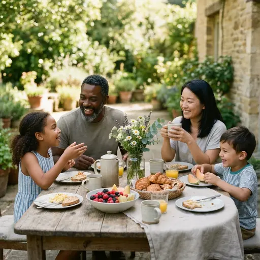Familia sonriente compartiendo un desayuno acogedor en un domingo soleado.