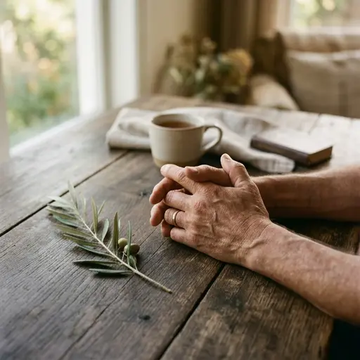 Manos juntas con una rama de olivo, simbolizando esperanza y tranquilidad en un domingo.