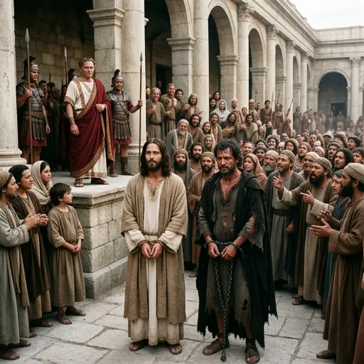 Escena dramática con Jesús y Barrabás rodeados de una multitud expectante y tensa.