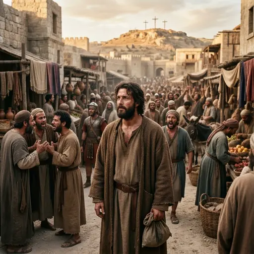 Hombre en túnicas antiguas, contemplando una decisión en un bullicioso mercado histórico.