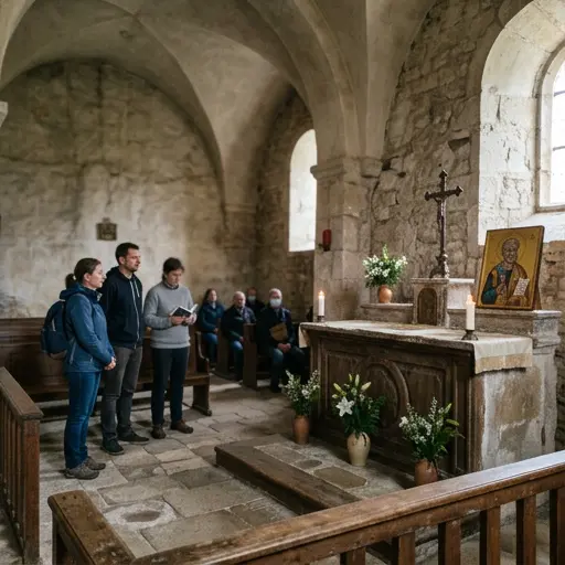 Iglesia modesta con altar dedicado a San Pedro, iluminada por luz natural.