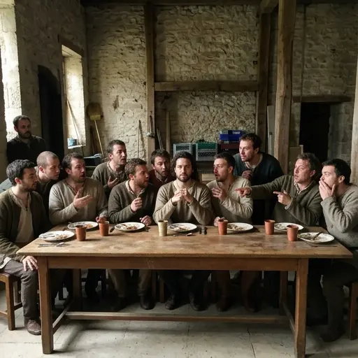 Apóstoles consternados en la Última Cena, sentados en sillas y usando cubiertos modernos.