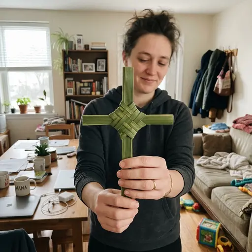 Persona sosteniendo una cruz de palma de Domingo de Ramos en un hogar cotidiano.