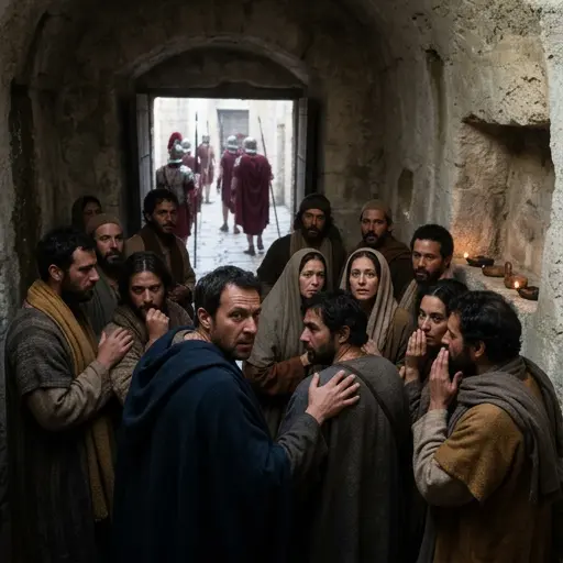Personas tensas en una habitación antigua de piedra vigiladas por soldados romanos al fondo.