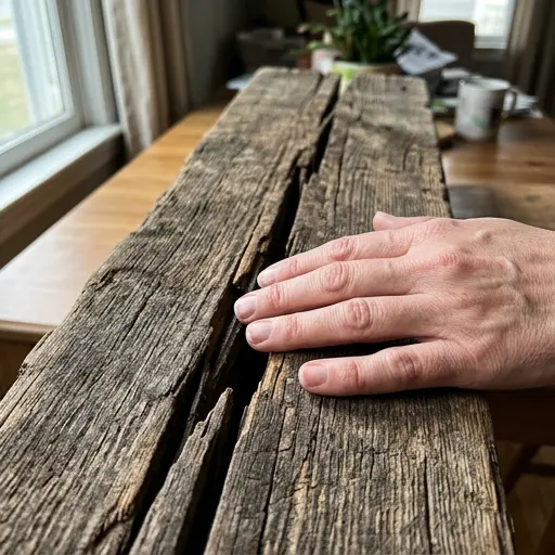 Manos tocando suavemente una profunda grieta en madera rústica y desgastada.