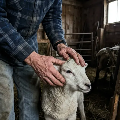Manos curtidas descansando suavemente sobre la cabeza de un pequeño cordero blanco.