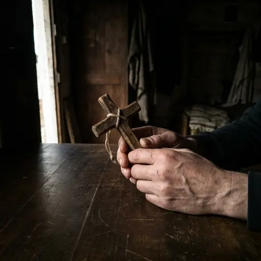 Manos desgastadas sostienen una cruz de madera iluminada por un rayo de luz.