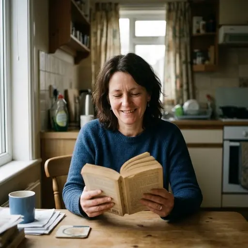 Mujer serena leyendo una Biblia en su casa con expresión de paz y esperanza.