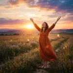 Mujer en un campo durante el atardecer, levantando brazos al cielo, mostrando gratitud.
