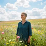 Mujer valiente con cabello corto, rodeada de flores, simbolizando esperanza y resiliencia.