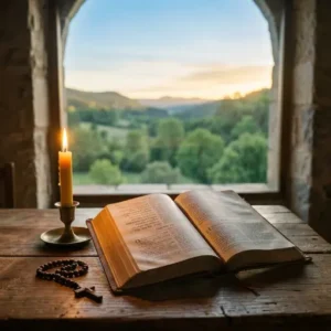 Biblia abierta con vela en mesa rústica, rodeada de un paisaje natural sereno.
