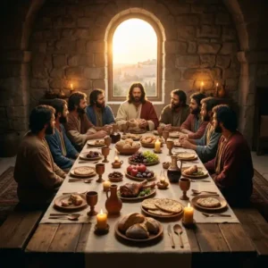 Mesa elegantemente dispuesta con alimentos, velas y luz cálida evocando la Última Cena.