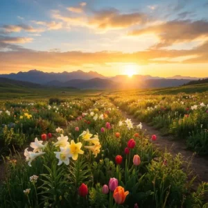 Amanecer radiante en la naturaleza, con flores coloridas simbolizando esperanza y renovación.