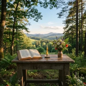 Altar de madera con Biblia, flores y vela en un entorno natural sereno.