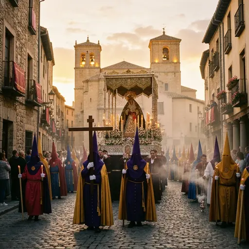 Procesión colorida de Semana Santa con túnicas tradicionales y ambiente espiritual.
