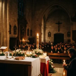 Iglesia iluminada por velas en Sábado Santo, con altar decorado y personas en oración.