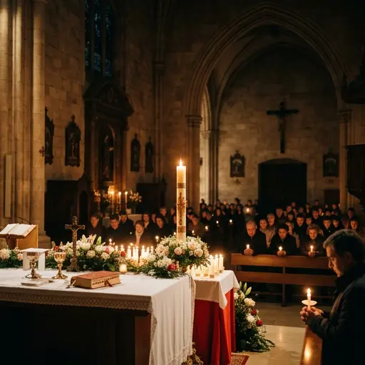 Iglesia iluminada por velas en Sábado Santo, con altar decorado y personas en oración.