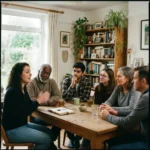 Grupo diverso discutiendo sobre los apóstoles en un ambiente acogedor y natural.