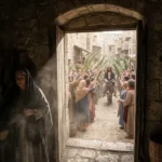 Multitud agitando palmas ante un hombre montado en burro en la antigua Jerusalén.