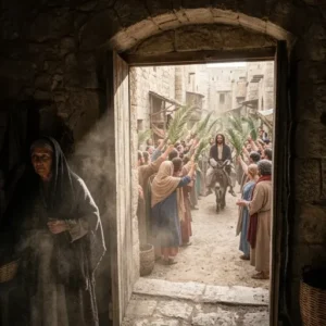 Multitud agitando palmas ante un hombre montado en burro en la antigua Jerusalén.