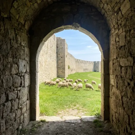 Arco de piedra con vista a ovejas pastando a la salida del pueblo.