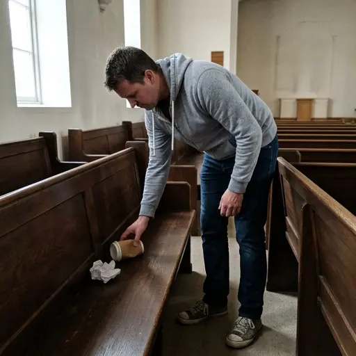Persona de espaldas recogiendo basura de un banco de madera en una iglesia vacía.