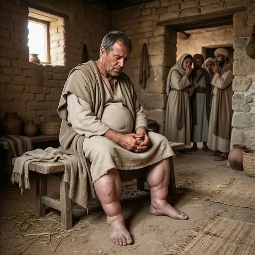 Hombre de la antigüedad sufriendo un grave edema, con piernas y abdomen dolorosamente hinchados.