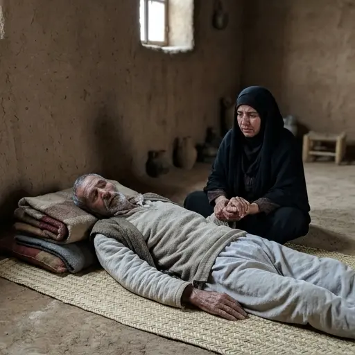 Ser querido toma la mano de una persona frágil y enferma en una vivienda antigua.
