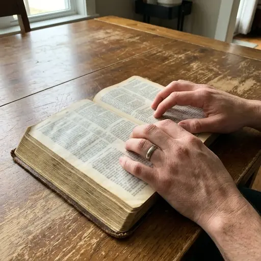 Manos tensas descansan sobre una Biblia desgastada y abierta en una mesa de madera.