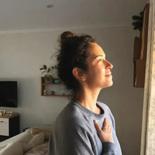 Persona iluminada por el sol en casa, reflejando profunda paz y convicción espiritual.