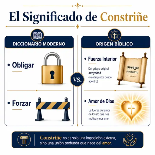 Infografía que compara el significado moderno y el origen bíblico de la palabra constriñe.