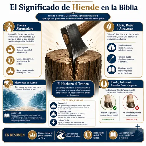 Infografía sobre el significado bíblico de hender, mostrando un hacha que parte un tronco.