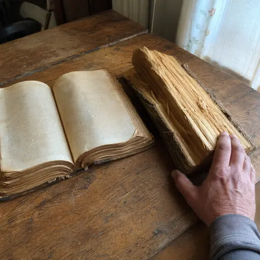 Biblia antigua abierta junto a madera hendida y una mano sobre mesa rústica.