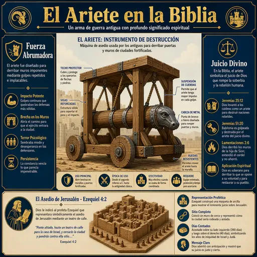 Infografía moderna sobre el ariete en la Biblia, destacando asedios de Asiria y Babilonia.