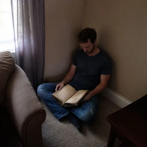 Persona triste y solitaria sentada en un rincón mirando una vieja Biblia abierta.