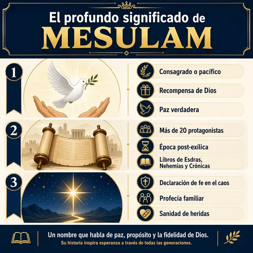 Infografía explicativa sobre el profundo significado bíblico del nombre Mesulam: pacífico y consagrado.