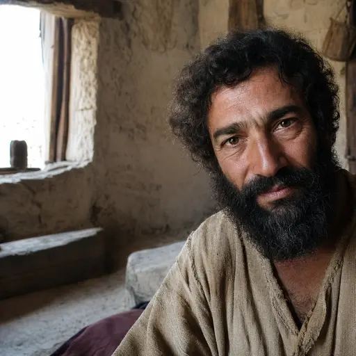 Retrato realista de la figura bíblica Mesulam con túnica antigua en una habitación rústica.