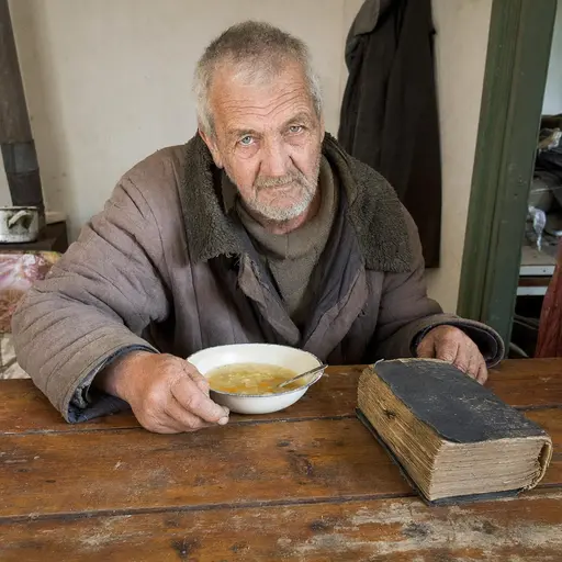 Anciano desvalido con ropa gastada junto a un plato de sopa y un libro antiguo.
