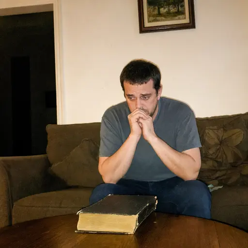 Hombre pusilánime y ansioso sentado frente a una Biblia cerrada sobre la mesa.
