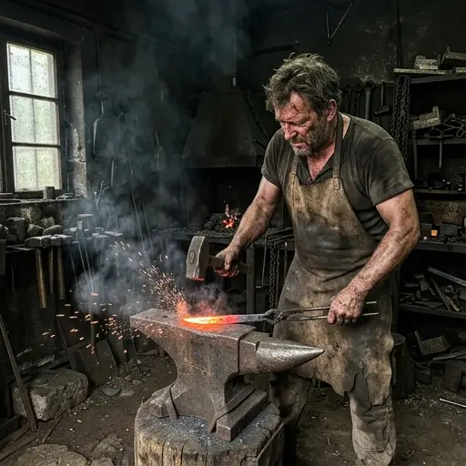 Herrero golpeando metal incandescente con un martillo sobre un yunque entre humo y chispas.