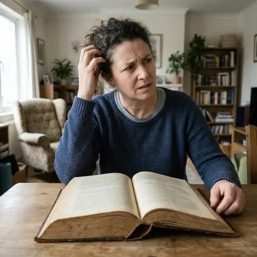 Persona confundida rascándose la cabeza mientras lee una Biblia antigua en su casa.